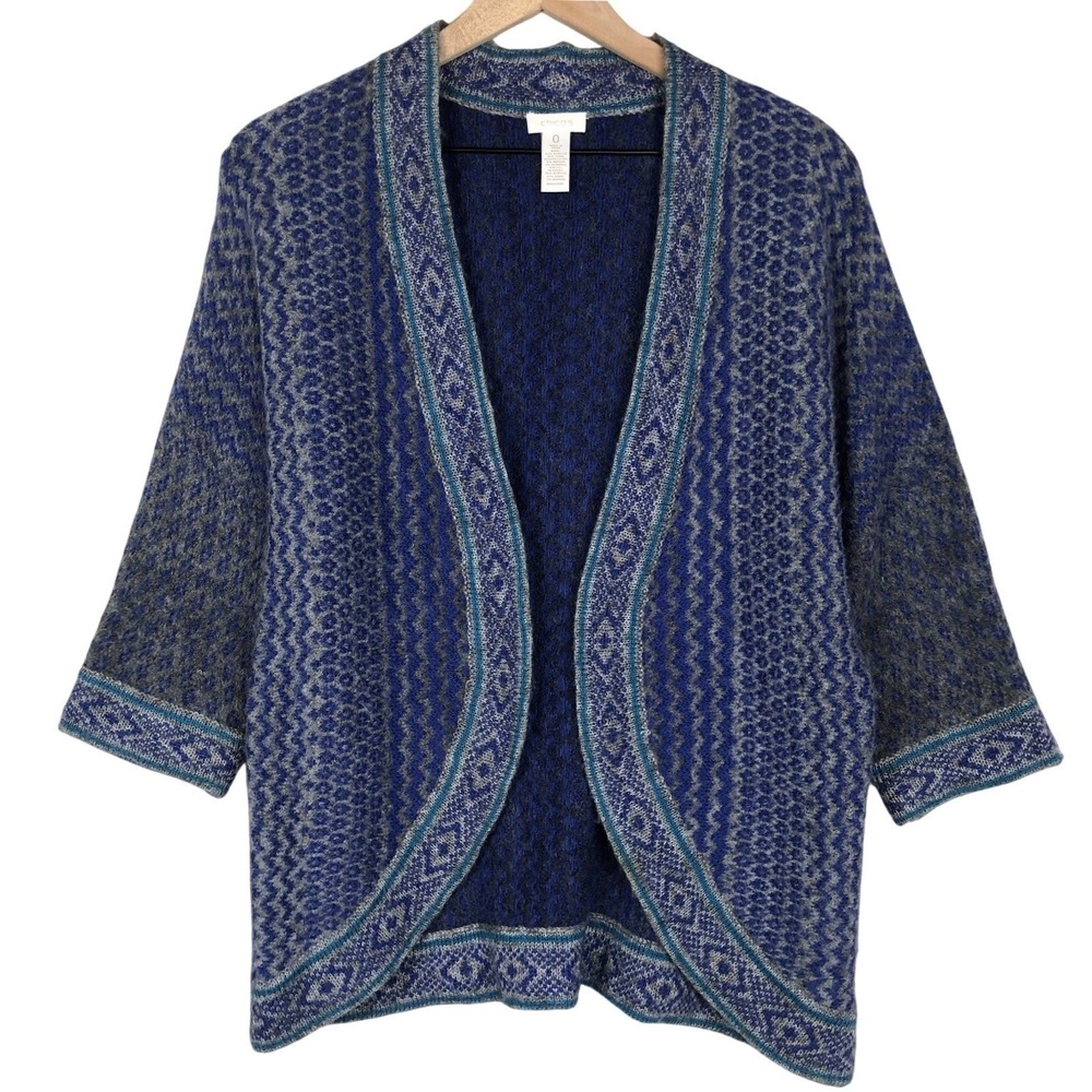 CHICOS Wool Mohair Blend Open Cardigan Size 0‎ / S Blue 3/4 Slv Sweater Nordic